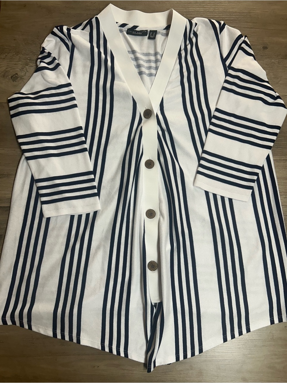 Susan Graver Navy and White Weekend Striped Button-Front Cardigan
